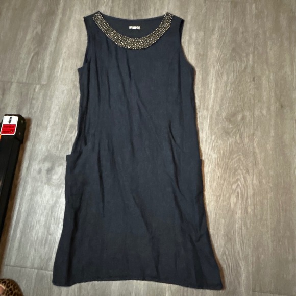 Lina Tomei Dresses & Skirts - Navy Linen Embellished Shift Dress Pocket L Made In Italy Quiet Luxury Old Money